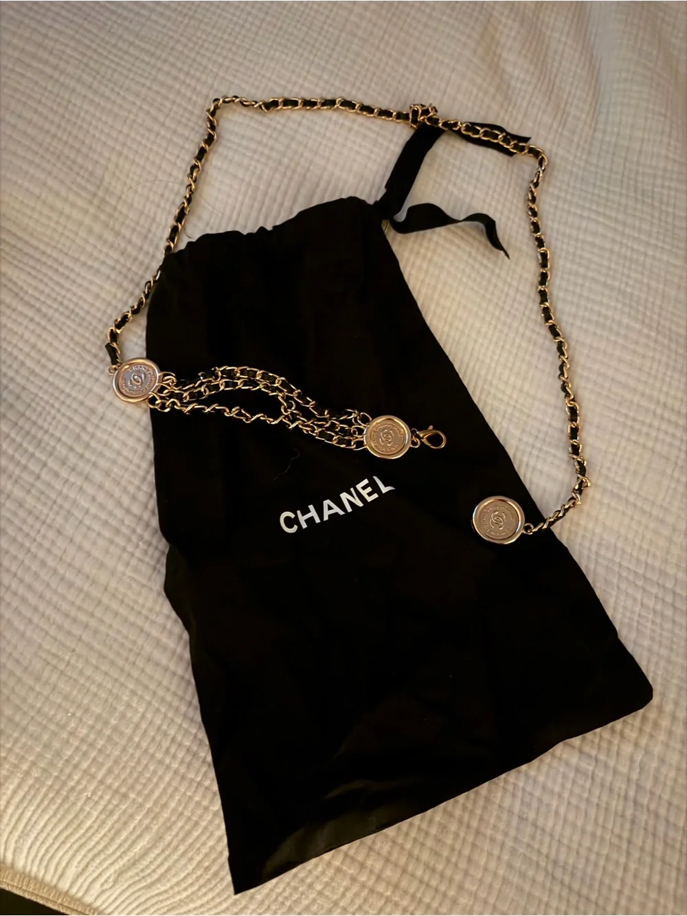 CHANEL Gold and Black Chain Crossbody Strap with Medallion Accents